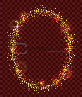 Golden confetti oval frame on dark transparent background