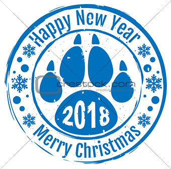 2018 Happy new year and Merry Christmas. Stamp dog footprint paw trail symbol 2018 on Chinese calendar