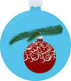 Christmas tree branch with red ball isolated on blue ball