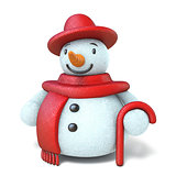 Snowman with red hat, scarf and stick 3D