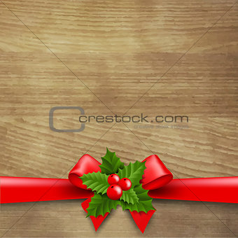 Wooden Background With Red Ribbon And Holly Berry