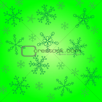 Snowflakes of different styles, background of shades of green, pattern