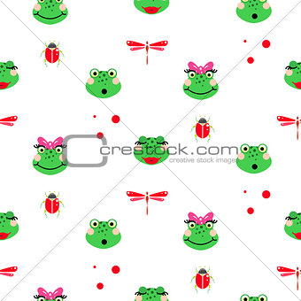 Frogs cartoon green seamless vector pattern.