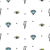 Doodle hipster lightning, eye and diamond seamless vector pattern.