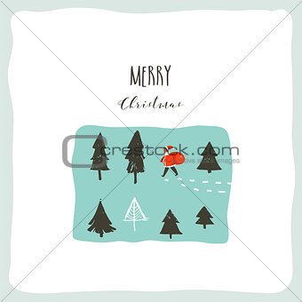 Hand drawn vector abstract fun Merry Christmas time cartoon illustration with Santa Claus child with surprise gift bag walking in frozen forest and xmas calligraphy isolated on white background