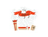 Hand drawn vector abstract fun Merry Christmas time cartoon illustration card design with surprise gift boxes,red ribbon and modern xmas calligraphy isolated on white background