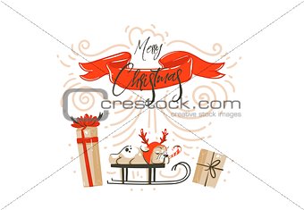 Hand drawn vector abstract fun Merry Christmas time cartoon illustration card design with surprise gift boxes,pet dog on sleigh,red ribbon and modern xmas calligraphy isolated on white background