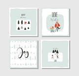 Hand drawn vector abstract fun Merry Christmas time cartoon cards collection set with cute illustrations,surprise gift boxes ,Christmas trees and modern calligraphy isolated on white background
