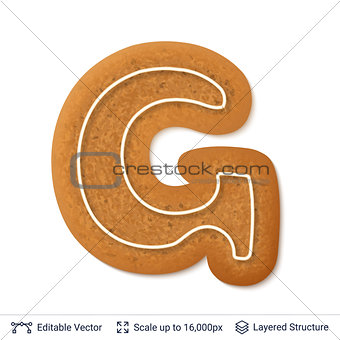 Gingerbread letter G isolated on white.