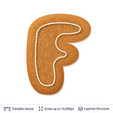 Gingerbread letter F isolated on white.