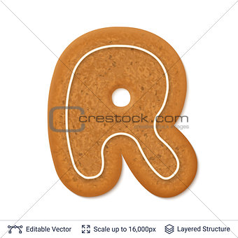 Gingerbread letter R isolated on white.