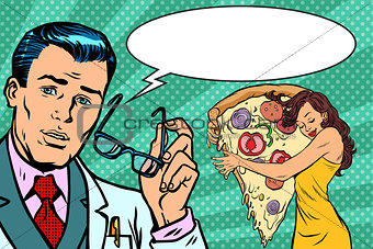 Doctor diet and woman with pizza