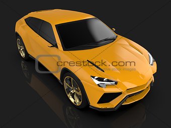 The newest sports all-wheel drive yellow premium crossover in a black studio with a reflective floor. 3d rendering.