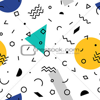 Black and white geometric memphis pattern with zig-zag lines, triangles, squares, waves,hexagones and circles. 80s and 90s graphic design style. Vector seamless background.