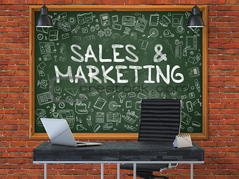 Sales and Marketing. Chalkboard with Doodle Icons. 3d.