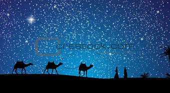 Silhouette of Caravan mit people and camels wandering through th