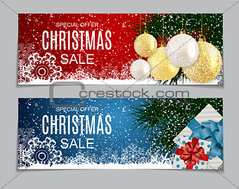Abstract Vector Illustration Christmas Sale, Special Offer Background with Gift Box and Golden Ball. Winter Hot Discount Card Template