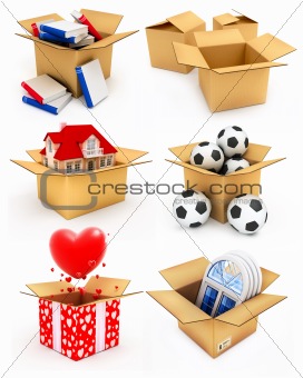 new house, heart, window, books and balls in box