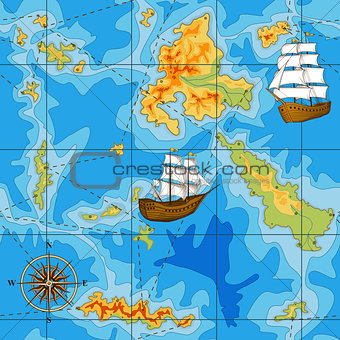 seamless map with a compass and ships