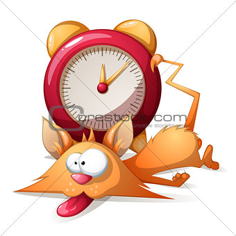 Cartoon sleep funny, cute cat and alarm clock. Vector eps10