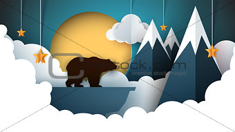 Paper origami landscape. Mountain, bear, animals, sun, cloud, hill, star.