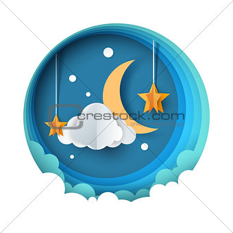 Cartoon paper night landscape. Moon, star, cloud road
