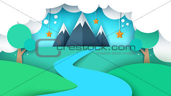 Cartoon paper landscape illustration. Mountain, star, tree, river, field.