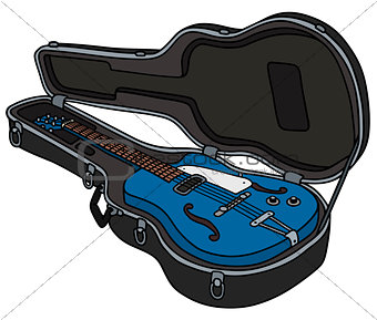 The retro blue electric guitar in a case