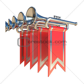 Fanfare five silver trumpets and red flags 3D