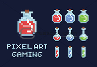 Set of pixel art potion bottles, red green and blue, health mana game design object