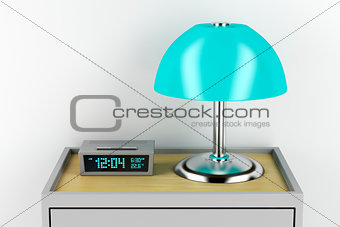 Nightstand with alarm clock and lamp