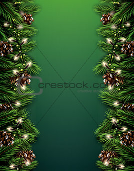 Fir Branch with Neon Lights and Pine Cone on Green Background. M