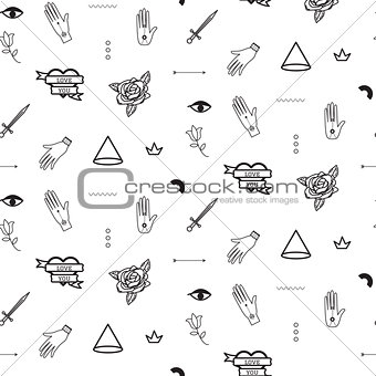 Doodle hipster flash tattoo style seamless vector pattern.