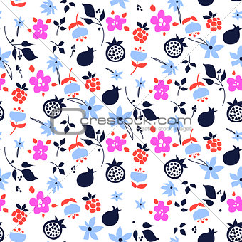 Millefleur flowers and fruits pink purple abstract seamless pattern.