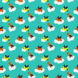 Birds on clouds turquoise blue pattern seamless vector.