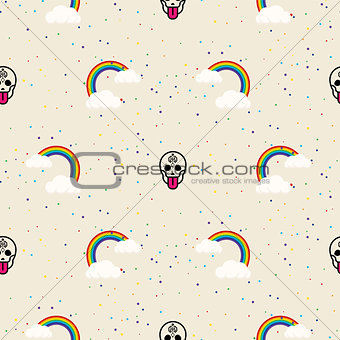 Skull and rainbow funny seamless vector pattern.