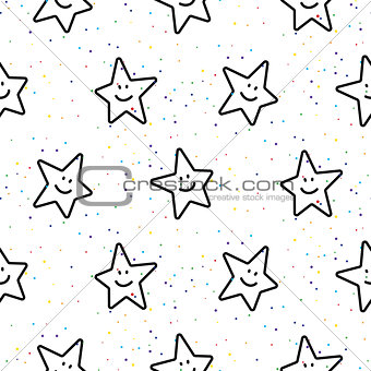 Stars smileys black and white seamless vector pattern.