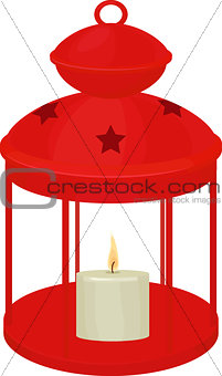 Lantern red color with candle made of wax, Christmas decoration