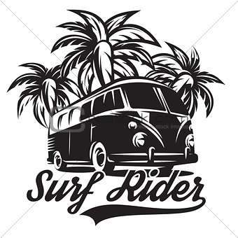 monochrome vector illustration on theme of surfing with three palm trees