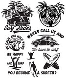set of vector monochrome illustrations with inscriptions on the theme of surfing