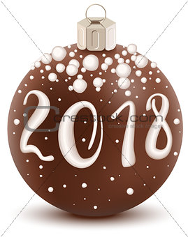 Brown chocolate 2018 christmas ball with sugar coating. Sweet holiday decoration