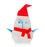 Snowman of origami with red cap and scarf.
