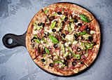 Delicious Pizza with Ham, Olives and Jalapenos