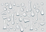 Set of Pure clear Drops of water on a transparent background. Realistic water background with drops isolated. Vector illustration.