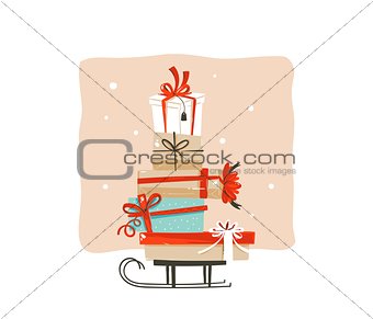 Hand drawn vector abstract fun Merry Christmas shopping time cartoon greeting illustration card design with many colorful surprise gift boxes on sleigh isolated on white background