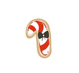 Hand drawn vector abstract fun Merry Christmas time cartoon illustration card with baked gingerbread cookie candy cane shape isolated on white background
