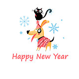 New Years bright postcard with a cat and a dog