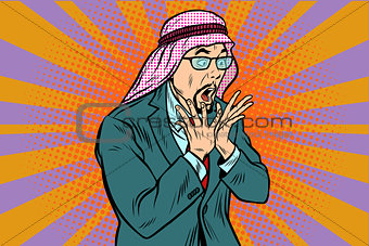 Arab businessman surprised, emotional reaction