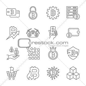Vector Line Cryptocurrency Icons. Thin Outline Bitcoin Symbols. Editable Stroke