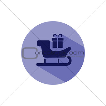 Sled icon with gift and shade on blue circle